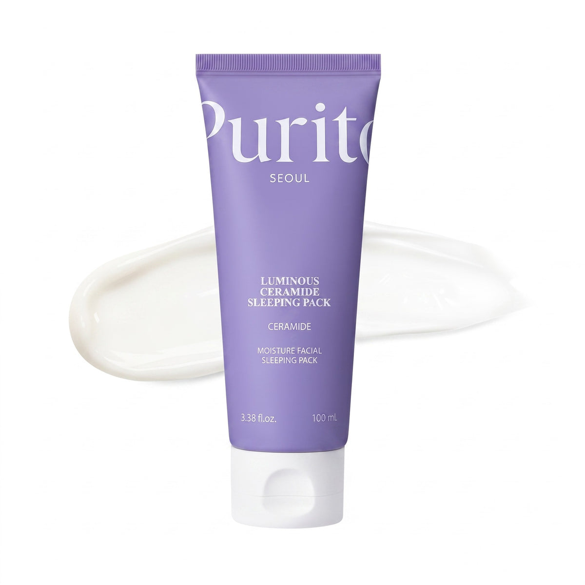 A purple squeeze tube of Purite Seoul Luminous Ceramide Sleeping Pack facial moisturizer, shown with a white cream smear behind it on a white background.