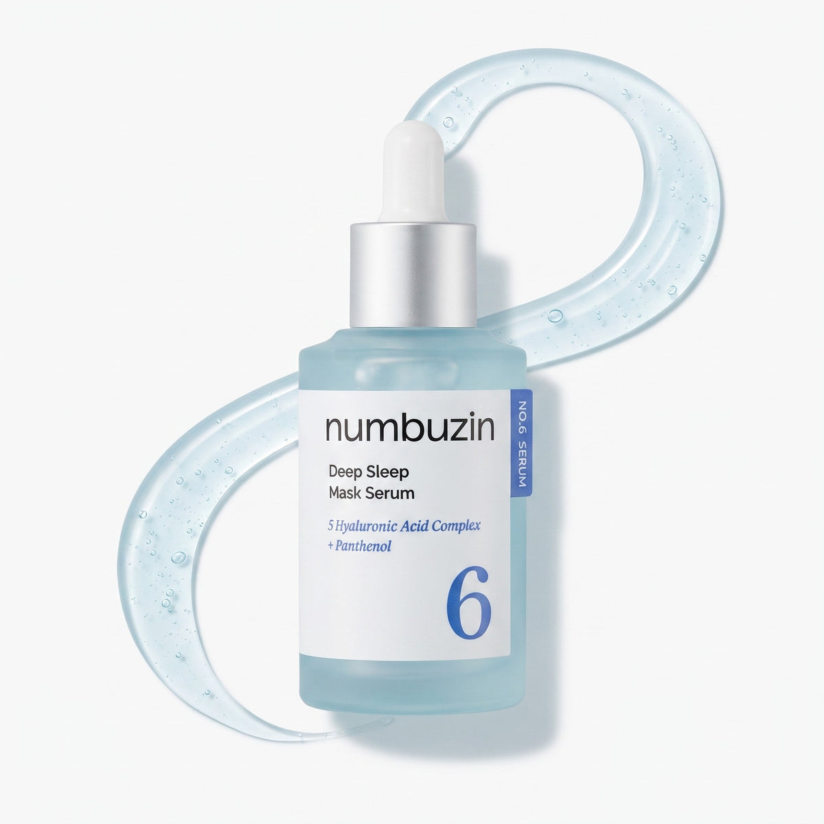 Numbuzin Deep Sleep Mask Serum in a frosted light blue glass dropper bottle with a white label and silver cap, shown against a white background with a translucent blue gel swirl behind it.