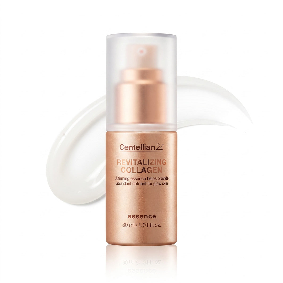Centellian 24 Revitalizing Collagen essence serum bottle in a metallic rose gold color with a clear cap, shown on a white background with a translucent cream smear behind it.