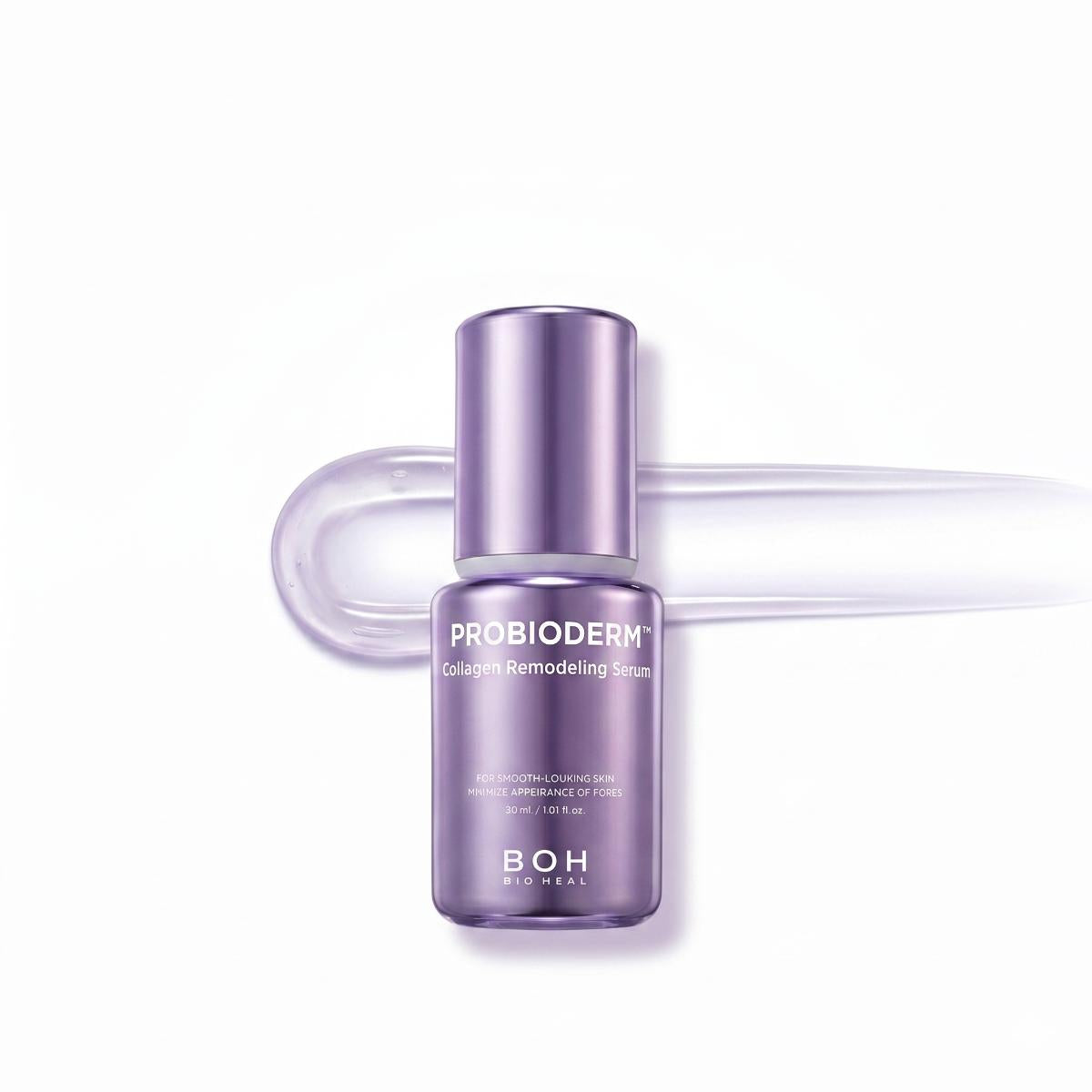 Purple skincare serum bottle with dropper on a white background