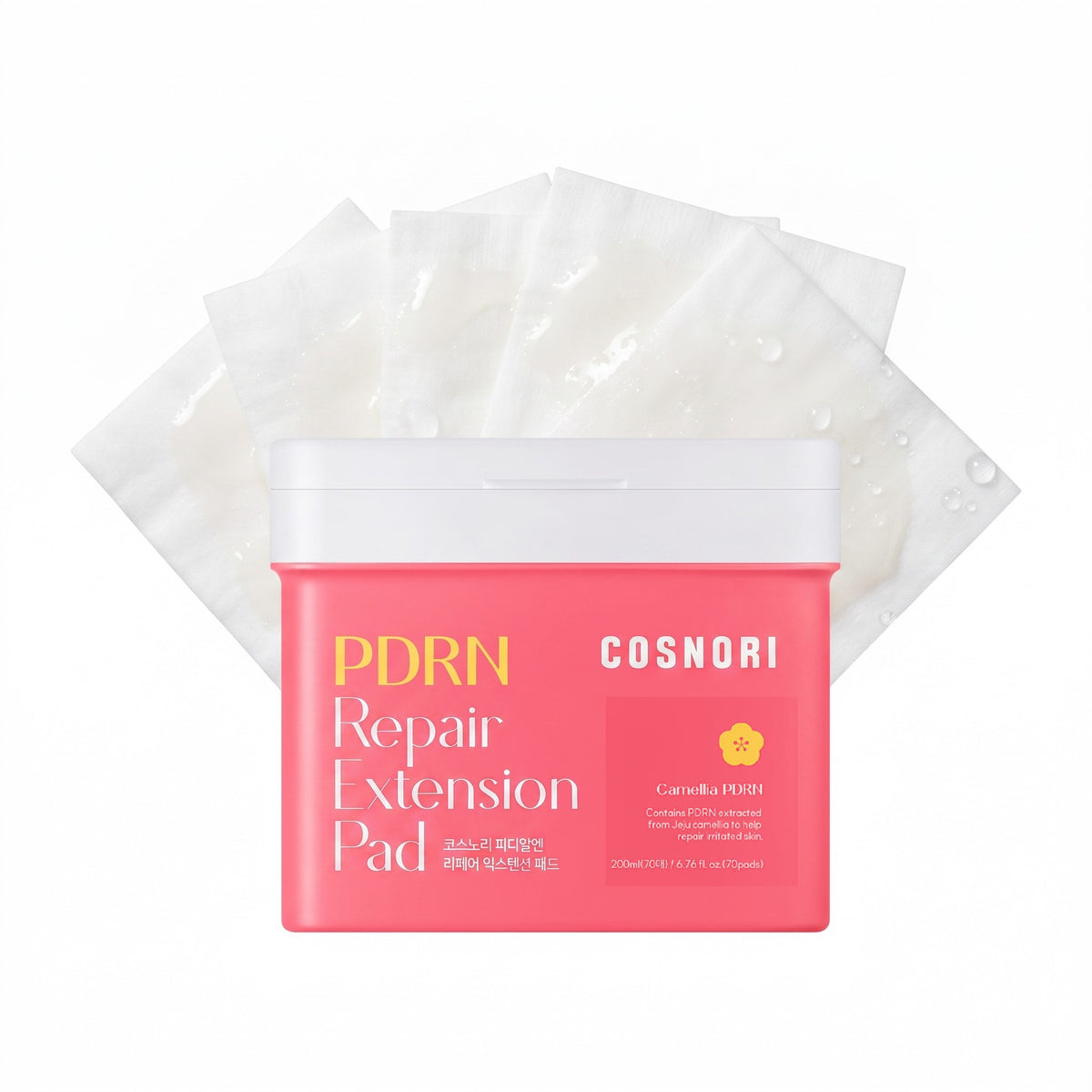 COSNORI PDRN Repair Extension Pad in a pink tub with white lids, shown with several translucent white repair pads fanned behind it on a white background.
