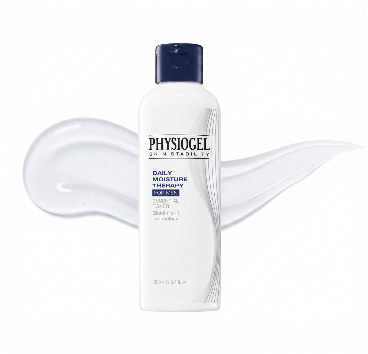 Physiogel Skin Stability Daily Moisture Therapy Rich Cream in a white bottle with a dark navy cap, set against a white background with a translucent cream smear behind it.