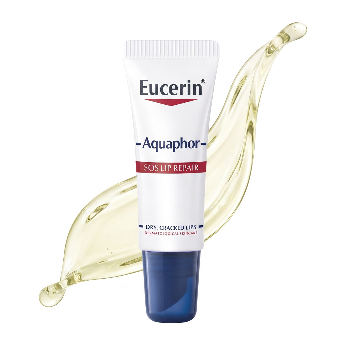 Eucerin Aquaphor SOS Lip Repair tube with a white body, dark blue cap, and red accent stripes, shown against a white background with a translucent golden liquid splash behind it.
