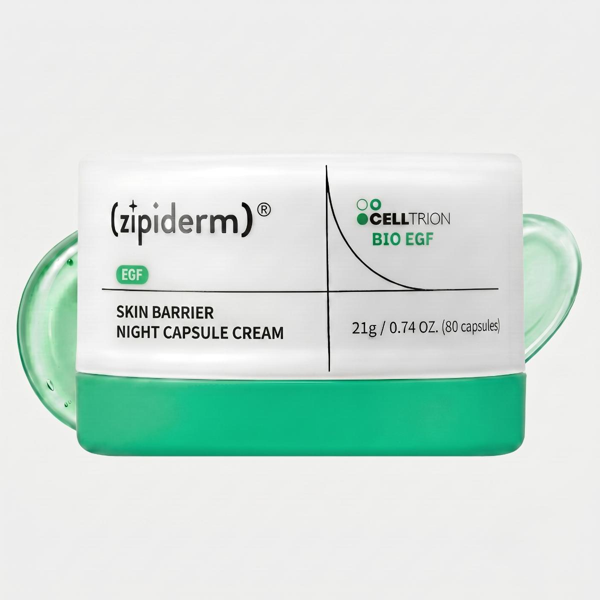 A white and teal jar of (zipiderm) Skin Barrier Night Capsule Cream on a light gray background.