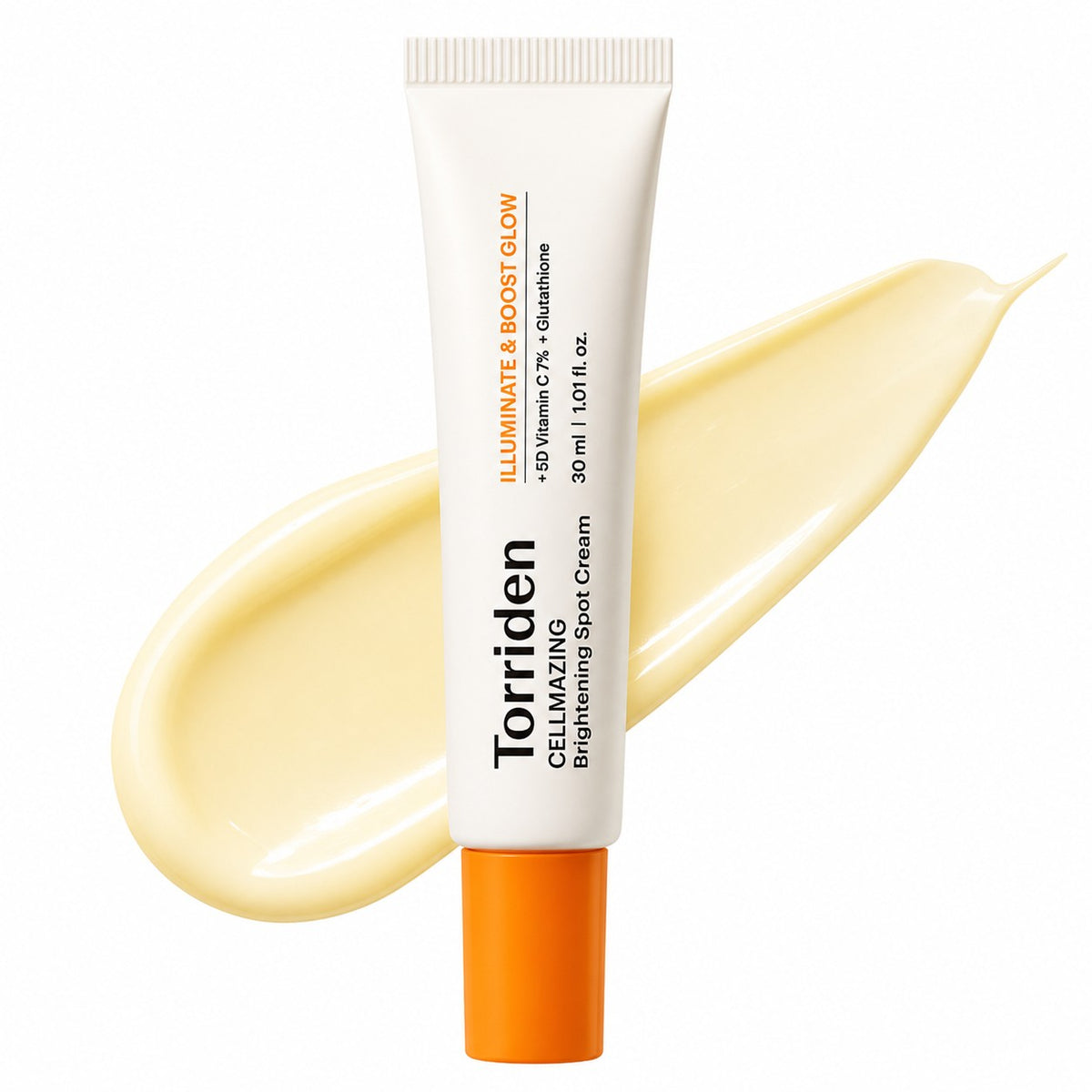 A 30 ml squeeze tube of Torriden Illuminate & Boost Glow Cell-Mazing High Impact Spot Cream, shown with a diagonal smear of the pale yellow cream behind it on a white background.