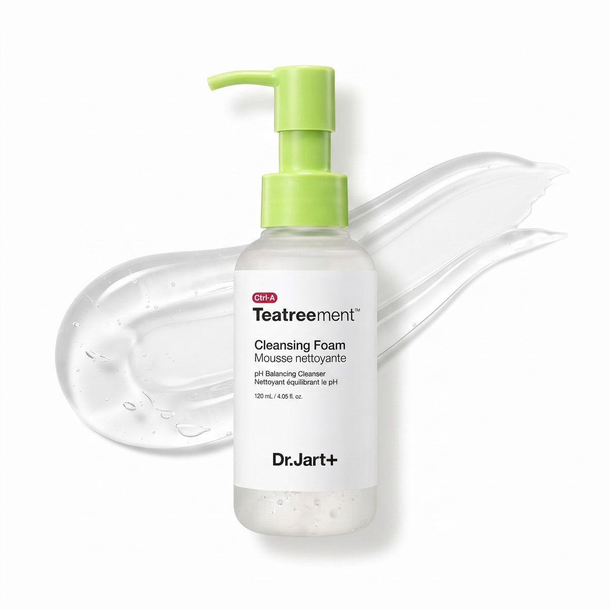 Teatrement Cleansing Foam by Dr.Jart+ in a frosted white bottle with a bright green pump dispenser, shown against a white background with a clear gel smear behind it.
