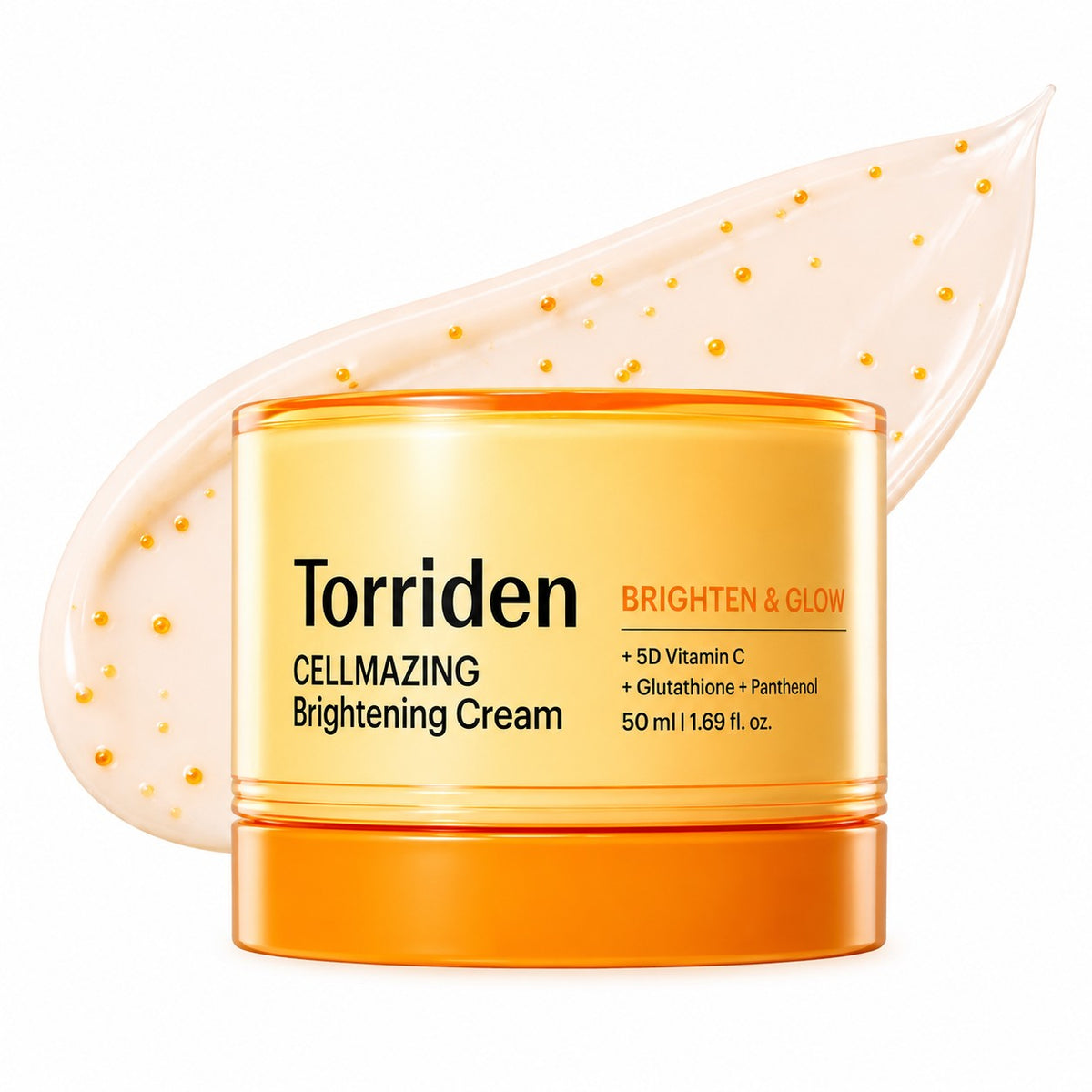 Torriden Cellmaizing Brightening Cream in a 50 ml jar, featuring a golden-yellow label and orange base, with a matching orange lid and a decorative cream smear behind it on a white background.