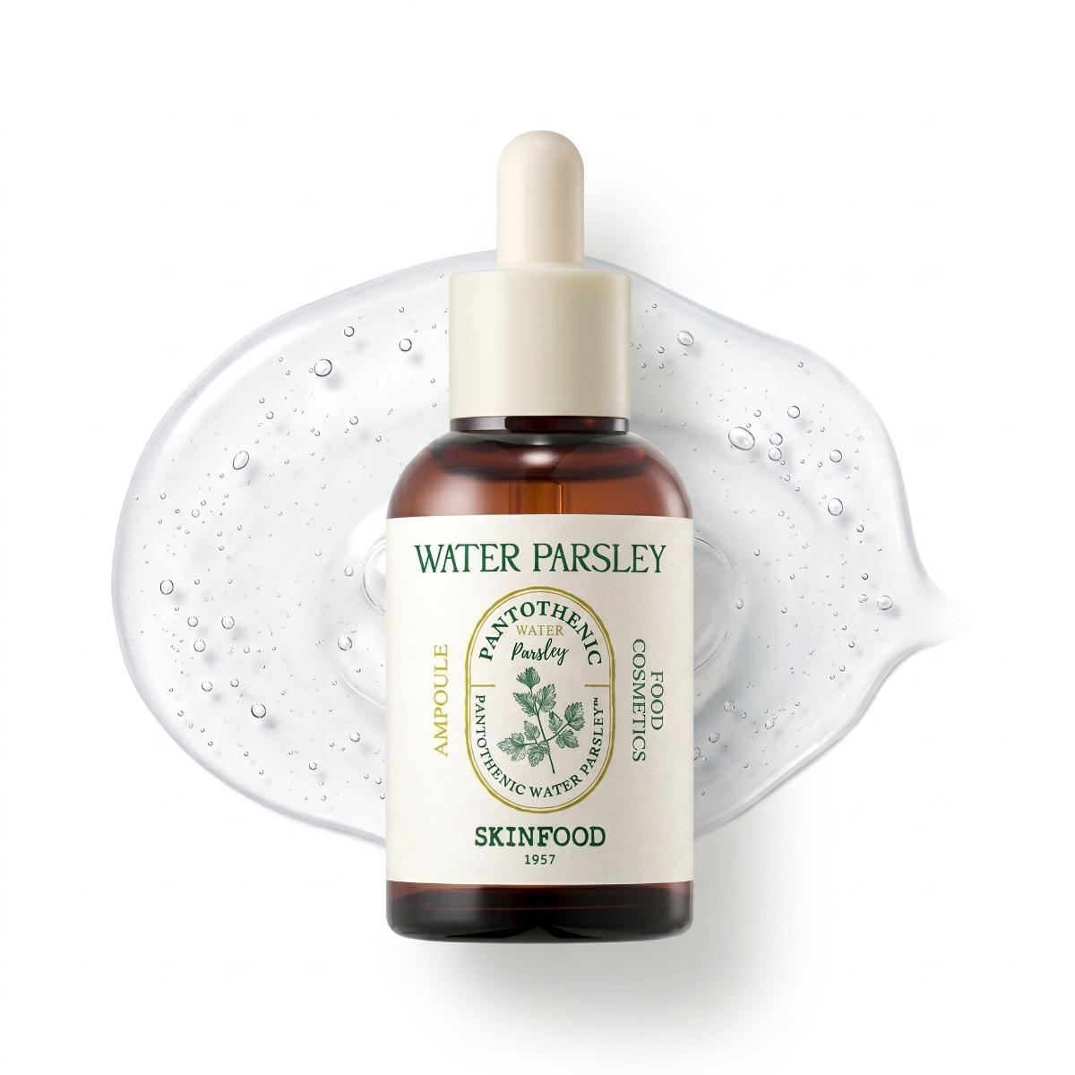 A bottle of SKINFOOD Water Parsley ampoule serum with a dropper cap, set against a white background with a clear gel smear behind it.