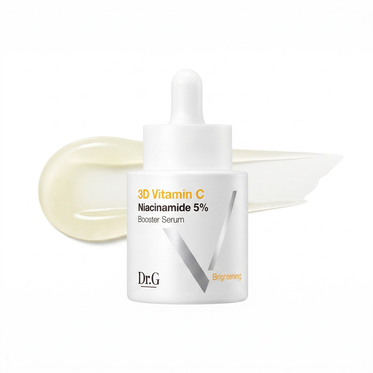 Dr.G 3D Vitamin C Niacinamide 5% Booster Serum in a white dropper bottle, shown with a translucent cream serum smear behind it on a white background.