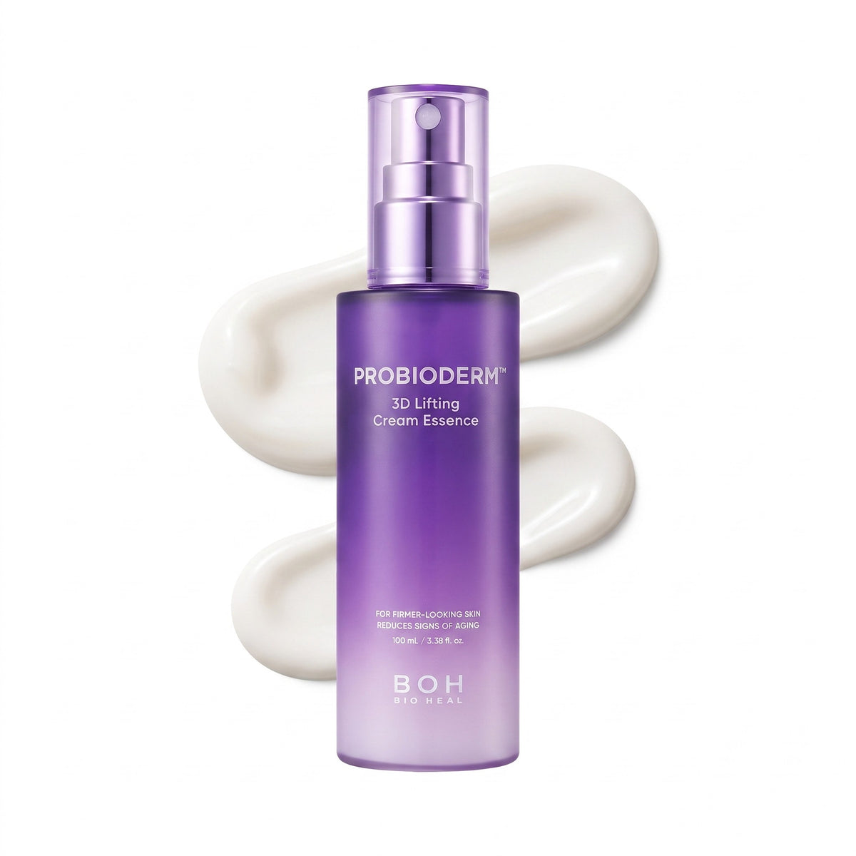 A purple pump bottle of BOH Bio Heal Probioderm 3D Lifting Cream Essence, shown against a white background with a decorative swirl of white cream behind it.