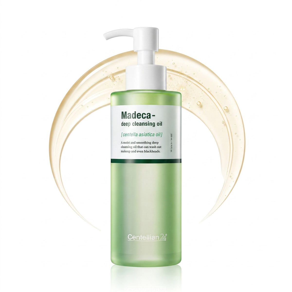 A bottle of Centellian 24 Madeca deep cleansing oil with a white pump dispenser, set against a white background with a decorative golden liquid swirl behind it.