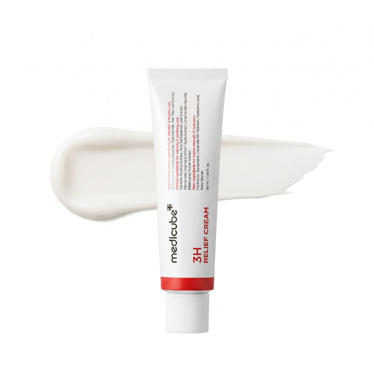 A white squeeze tube of medcube 3H Relief Cream with red text and a red band, shown in front of a white cream smear on a white background.