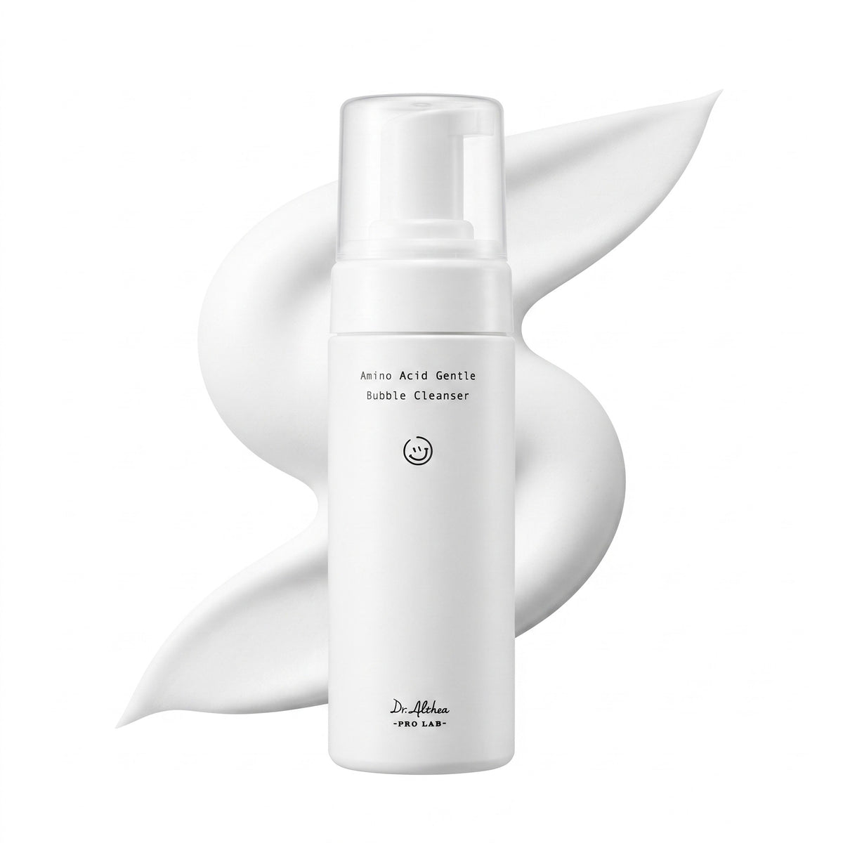 A white cylindrical pump bottle of Dr. Ahm's Pro Lab Amino Acid Gentle Bubble Cleanser, shown against a white background with a stylized white cream swirl behind it.