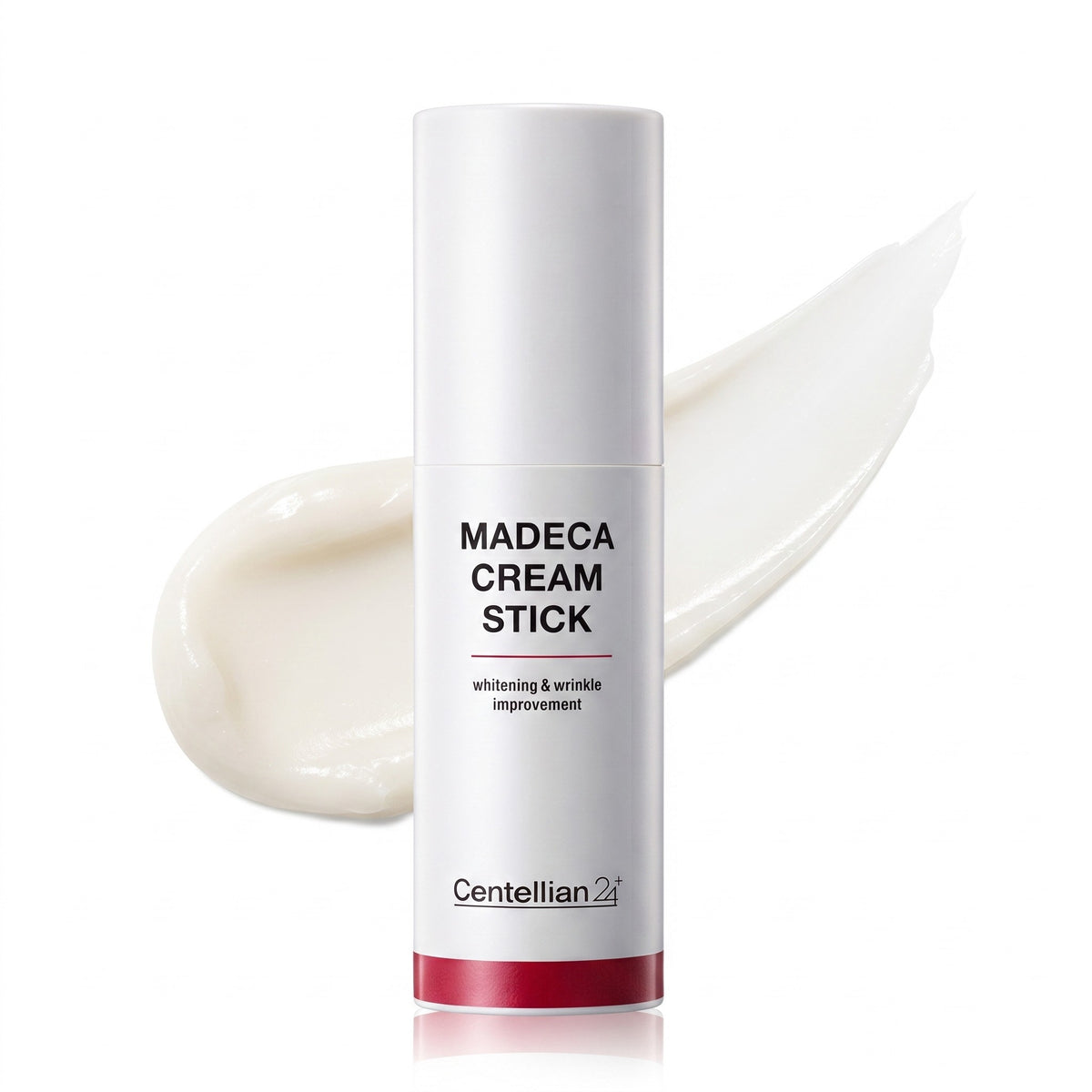 Centellian 24 Madeca Cream Stick in a white cylindrical tube with black text and a red base band, shown against a white background with a cream-colored product smear behind it.
