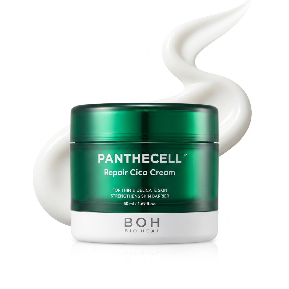 A jar of BOH Bioheal Panthecell Repair Cica Cream with a metallic green lid and white base, shown on a white background with a white cream swirl behind it.