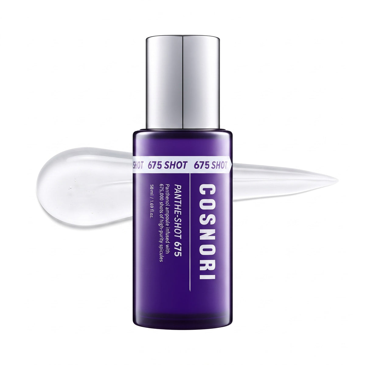 COSNORI Panthe-Shot 675 serum in a dark purple glass bottle with a silver cap, shown against a white background with a clear glass dropper behind it.
