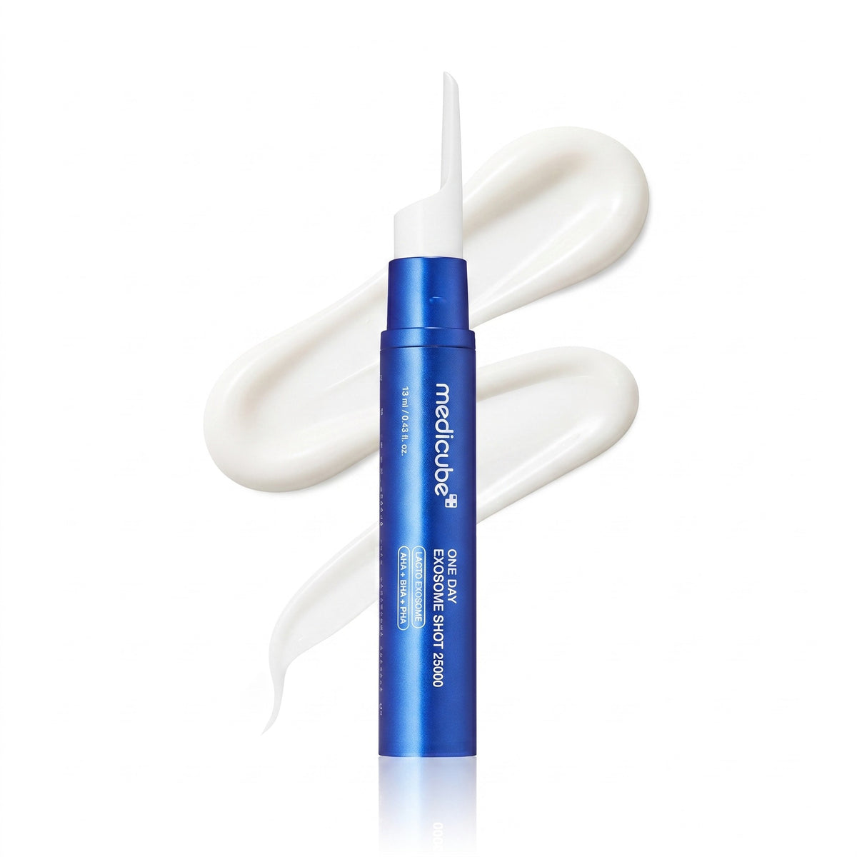 A blue tube of medicube Collagen Shot 2000 cosmetic injectable, shown upright with a white cream smear behind it on a clean white background.