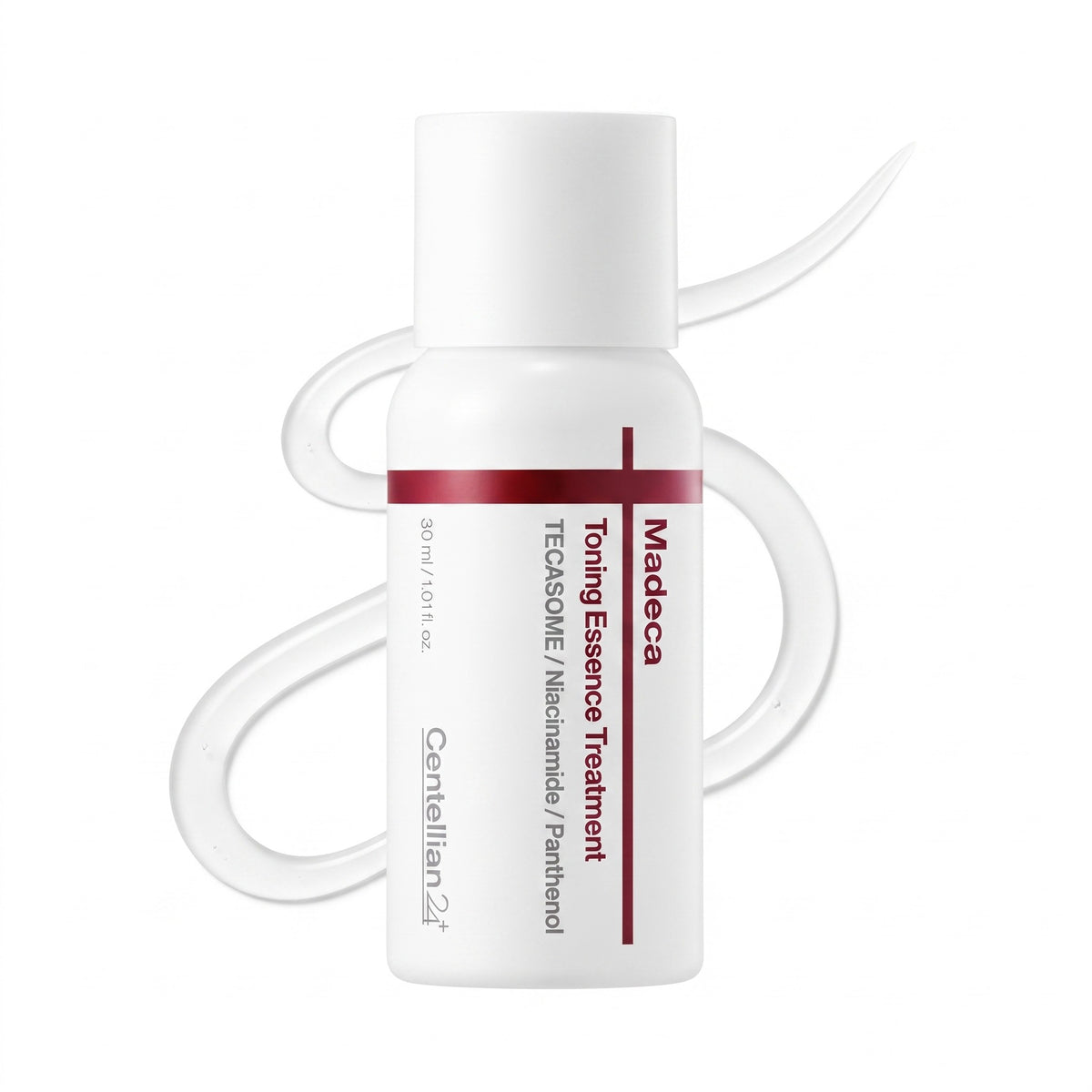 A white bottle of Madeca Toning Essence Treatment by Centellian 24, featuring a white cap and a label with dark red text and a horizontal red stripe, set against a white background with a translucent decorative loop behind it.