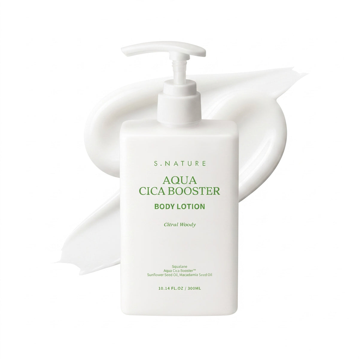 S. Nature Aqua Cica Booster Body Lotion in a white pump bottle, shown with a white lotion smear behind it on a white background.